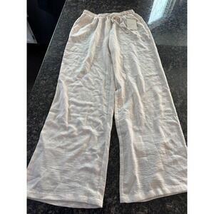 Rosa's New Linen Blend Wide Leg Pants Oatmeal Tan Elastic Drawstring Trousers S